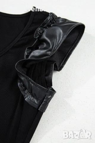 Разпродажба! Дамско елегантно боди в черно с къси кожени ръкави, снимка 12 - Други - 50065620