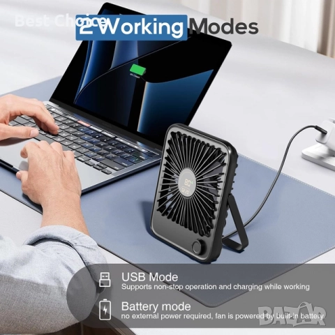 Акумулаторен преносим вентилатор - USB настолен вентилатор, снимка 3 - Вентилатори - 52906096