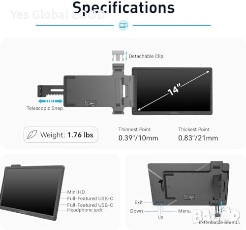 ELECROW CrowView 14" FHD монитор 1920x1080, снимка 6 - Монитори - 53620781