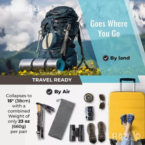 Щеки за трекинг Forest tales от алуминий с коркова дръжка. Леки, сгъваеми туристически щеки за раниц, снимка 6 - Спортна екипировка - 52851870