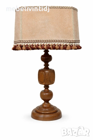 Винтидж настолна лампа с дървена основа и текстилен абажур, снимка 3 - Антикварни и старинни предмети - 53598395