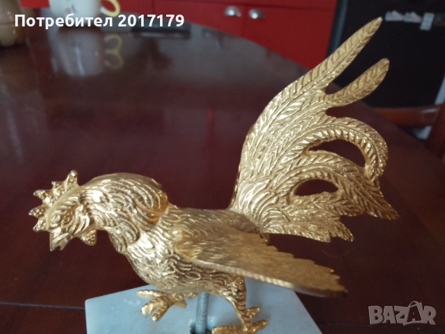 Позлатен месингов петел на мраморна поставка , снимка 4 - Антикварни и старинни предмети - 52591769