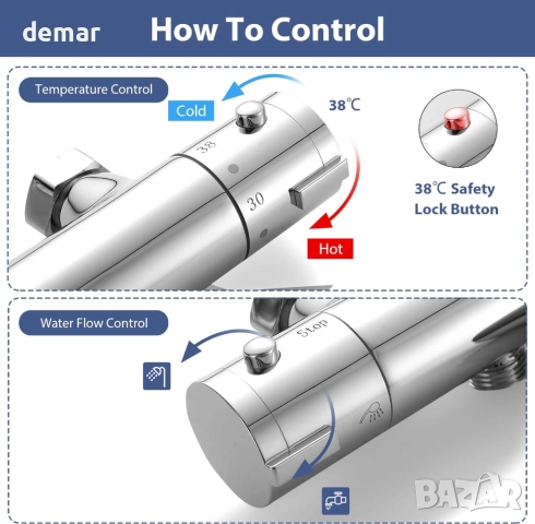 Кръгъл термостатичен смесител за вана, хром, снимка 5 - Смесители - 52465322