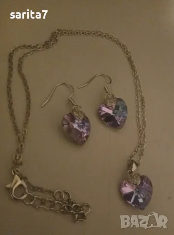 Нов подаръчен комплект Сваровски от колие и обеци във формата на сърце в лилаво , снимка 7 - Бижутерийни комплекти - 47205548