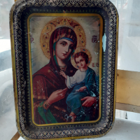 Стар метален поднос икона тава религия богородица, снимка 2 - Антикварни и старинни предмети - 36129270