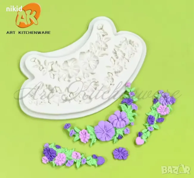 Цветя фунийки 2 реда силиконов молд форма фондан украса декор торта сладки, снимка 1