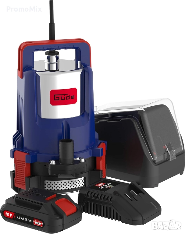 Акумулаторна потопяема помпа за чиста вода Gude KTP 18 201 23 2000 л/ч 18V 2Ah с батерия и бързо зар, снимка 1