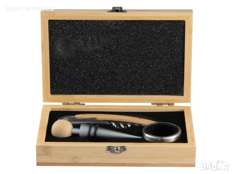 Луксозен Комплект за вино 3 части тирбушон тапа отварачка с бамбукова кутия, снимка 1