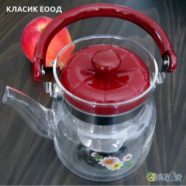 Огнеупорен стъклен чайник с цедка 1,100 л., снимка 1