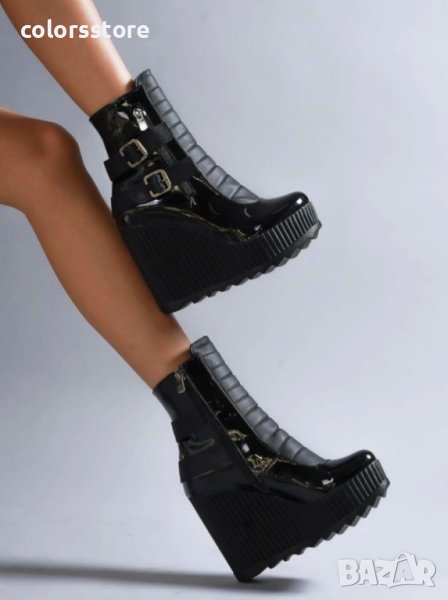 Боти на платформа - черен лак - B2001, снимка 1