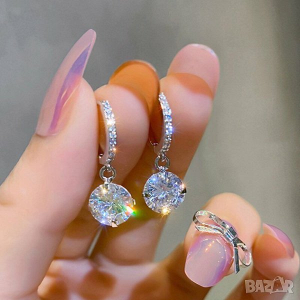 Обеци с кръгли циркони - висящи, снимка 1