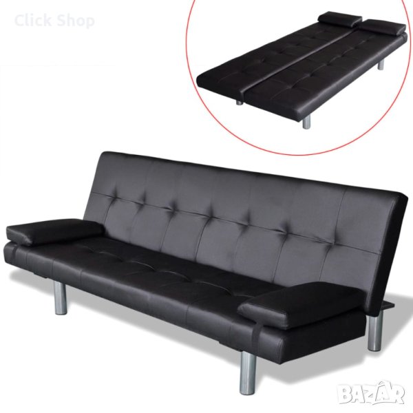 Разтегателен диван с две възглавници, изкуствена кожа, черен, снимка 1