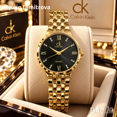 Calvin Klein – дамски златист часовник с черен циферблат