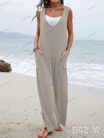 Дамски моден гащеризон с джоб с кръпка, широки панталони с V-образно деколте, 5цвята , снимка 3 - Гащеризони - 40114741