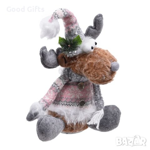 Коледен елен, седящ с Розов/сив костюм, 36см, снимка 2 - Декорация за дома - 42718962