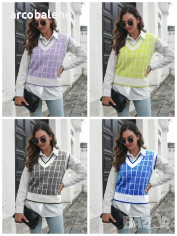 Дамски моден кариран пуловер с V-образно деколте, 4цвята