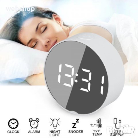 Огледален дигитален ТОП часовник DT-6505 - кръгъл, с аларма, термометър, големи цифри и много екстри