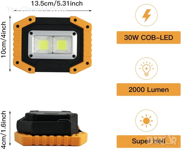Tekstap 2бр LED работна лампа 30W 1500LM акумулаторна с USB, снимка 2 - Друга електроника - 51998233