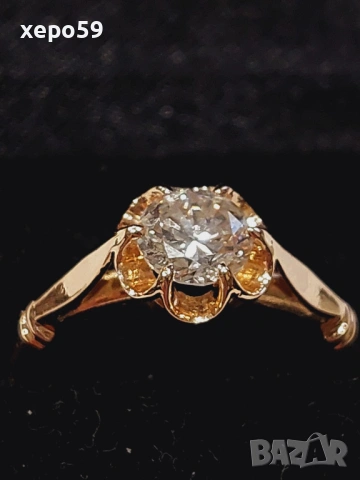 СССР-Златен дамски пръстен с еднокаратов якутски брилянт.Червено руско злато 853., снимка 4 - Пръстени - 53479320