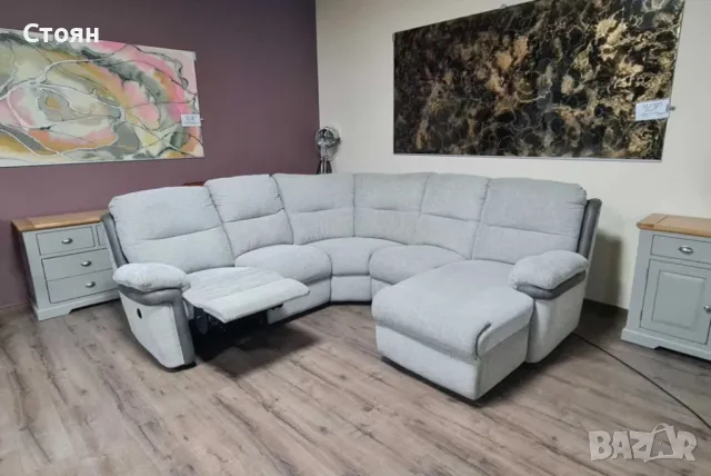 Сив ъглов диван от плат La-z-boy с електрически релаксиращ механизъм, снимка 6 - Дивани и мека мебел - 49936331