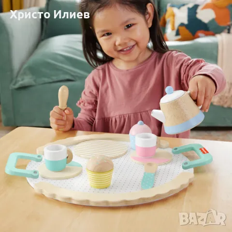 Детски дървен комплект за чай закуска Дървени кухненски играчки Fisher Price, снимка 2 - Образователни игри - 49644075