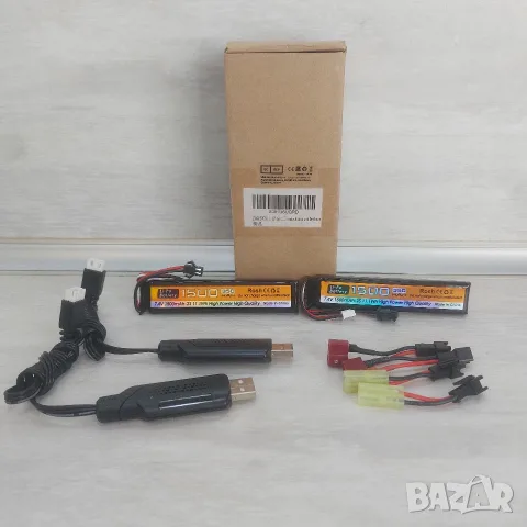 Комплект 2бр. Li-Po Батерии 7.4V 1500mAh 35C 2S + 2 USB Зарядни и Преходници за RC Коли, Лодки