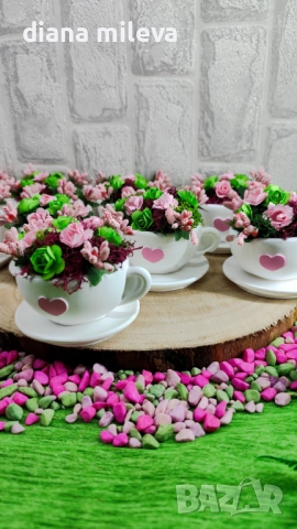 Сладурски чашки с нежни цветлета в зелено и розово!!, снимка 4 - Декорация за дома - 52069049