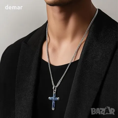 AWNL Кръстова огърлица за мъже със скъпоценен камък Dumortierite, снимка 3 - Колиета, медальони, синджири - 49663999