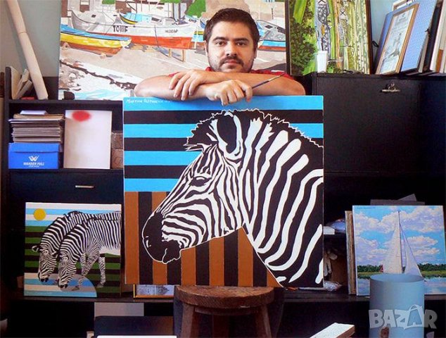 Продавам маслена картина със зебра. Худ. Мартин Гергински., снимка 1 - Картини - 33337806