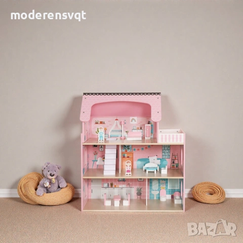 Дървена къщичка за кукли LED осветление и аксесоари 70 см, снимка 5 - Кукли - 53497578