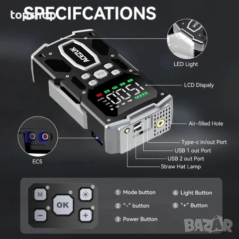 НОВА ACEZUK Стартерна батерия с пикова мощност 26800 mAh 6000 A, компресор 150 PSI, 4-в-1 с дисплей, снимка 2 - Аксесоари и консумативи - 51598053