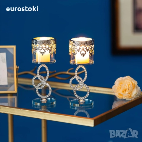 Свещник Sziqiqi, пакет от 2 сребърни поставки за чаени свещички, стъклени,  за сватба, маса за хране, снимка 4 - Други - 51657648