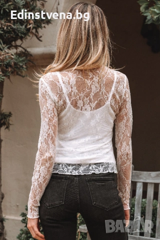 Дамска бяла дантелена блуза с ефектна яка и дълъг ръкав, снимка 2 - Блузи с дълъг ръкав и пуловери - 53029032