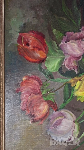 Стара картина Натюрморт с цветя - масло върху платно, в барокова рамка, снимка 3 - Картини - 52681609