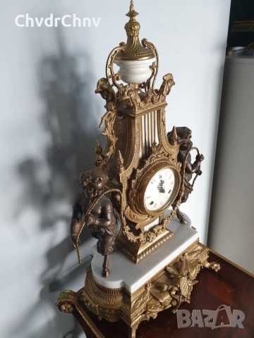 Италия 1960-те Hermle/63см-14кг Арт Деко италиански каминен часовник/бронзови фигури-бял мрамор, снимка 3 - Антикварни и старинни предмети - 52533387