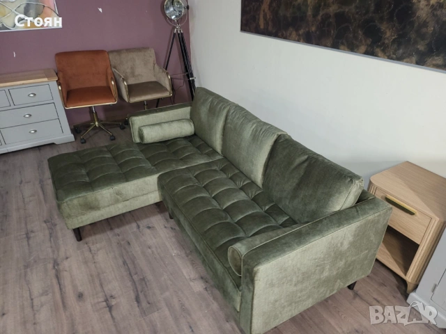 Зелен ъглов диван от плат с лежанка, снимка 9 - Дивани и мека мебел - 53730855