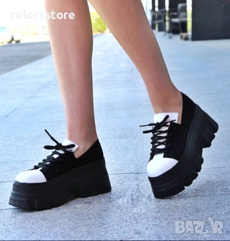 Обувки на платформа - черен велур и бяла кожа - DA60 