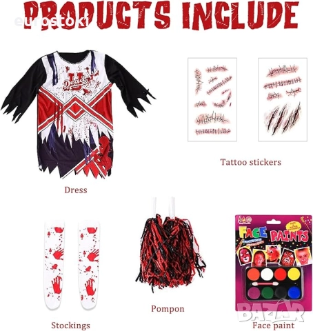 Костюм на ужасяваща зомби мажоретка за момичета, за Хелоуин, костюм на мажоретка за деца с чорапи, снимка 5 - Детски комплекти - 52136400