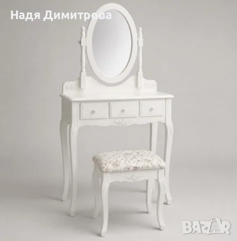 Бяла козметична тоалетка с овално огледало и табуретка, снимка 2 - Тоалетки - 56128382