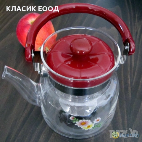 Огнеупорен стъклен чайник с цедка 1,100 л.