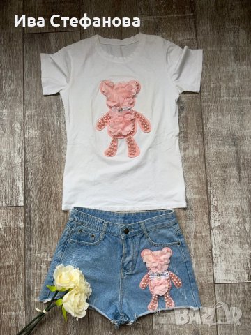  нов сет комплект розово мече перли  костюм от две части къси дънкови панталонки тениска T-shirt , снимка 1 - Комплекти - 40368001