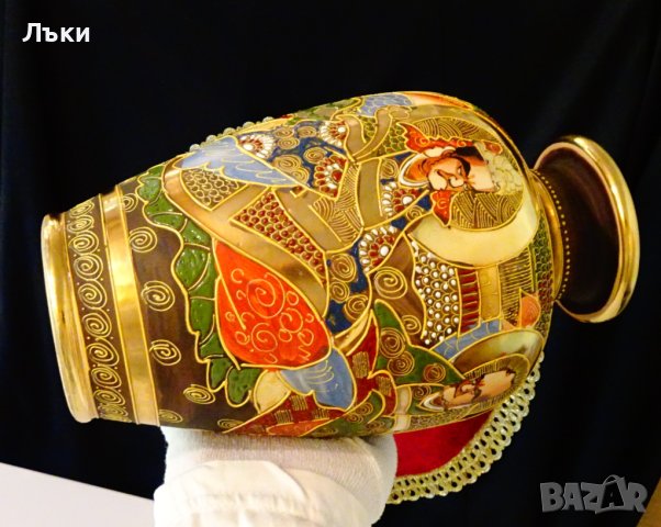 Ваза японски порцелан Satsuma Kinkozan Tsukuru,злато., снимка 6 - Антикварни и старинни предмети - 41645614
