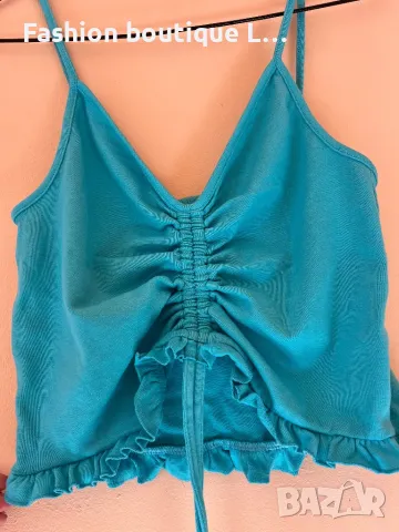 Син памучен кроп топ с връзки отпред 🩵 S размер 🩵, снимка 2 - Корсети, бюстиета, топове - 47957834