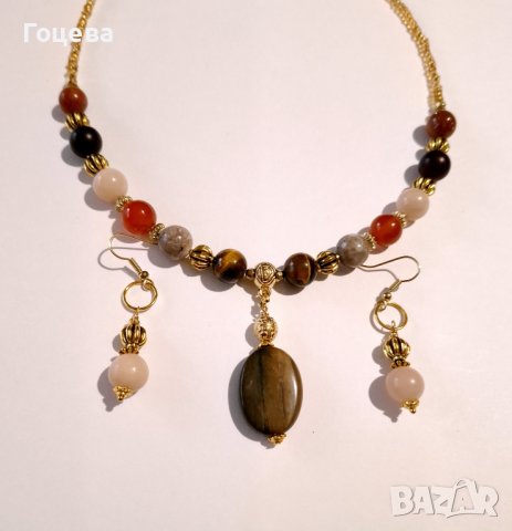 Прекрасен комплект бижута с Яспис Опал Слънчев камък Тигрово око Карнеол и орнаменти цвят злато , снимка 7 - Бижутерийни комплекти - 42611645