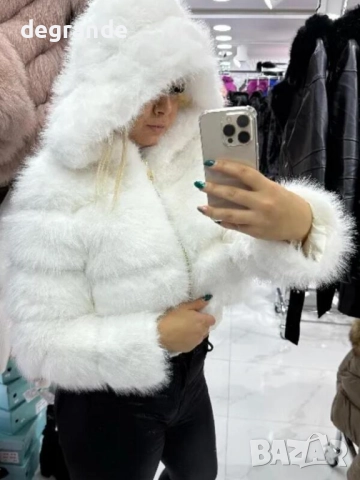 Бежово късо пухкаво палто с качулка, снимка 3 - Палта, манта - 52623416