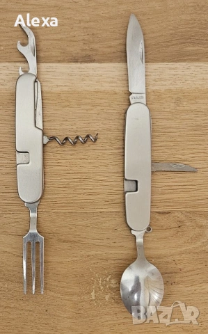 Къмпинг прибор 6 в 1 комбиниращ вилица лъжица отварачка ножче тирбушон шило, снимка 4 - Прибори за хранене, готвене и сервиране - 53541442