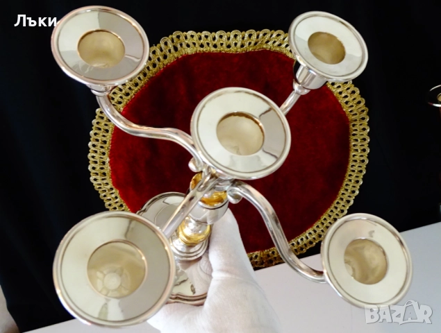 Посребрен свещник петица,позлата,800 гр.чиста мед. , снимка 6 - Антикварни и старинни предмети - 51988979