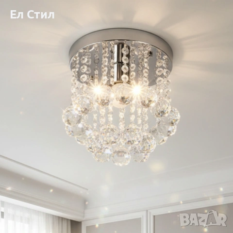 Модерен таванен полилей с големи кристални сфери и основа в сребристо, снимка 2 - Лампи за таван - 53589900