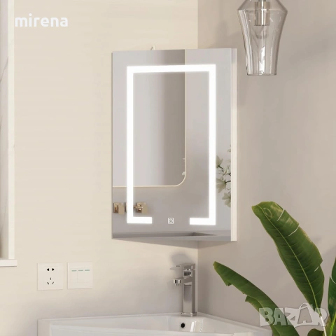 Ъглов шкаф с лед огледало, за баня отваря се отдясно наляво 60*40см, снимка 2 - Шкафове - 53434315