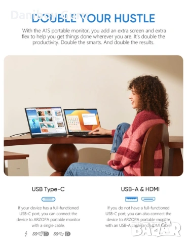 Преносим монитор Arzopa A1S 14", 1920x1080 пиксела, USB-C, снимка 5 - Монитори - 53378990